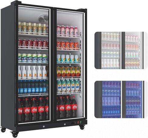 27.1 Cu.ft Commercial Cooler Merchandiser Refrigerator Energy-Efficient, Aluminum Frame, ETL, Full Glass Door Display Refrigerator, Blue White LED, Quiet, Reach-in Beverage Cooler for Restaurants,Shop in Saudi Arabia