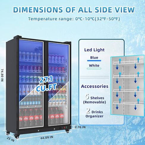 27.1 Cu.ft Commercial Cooler Merchandiser Refrigerator Energy-Efficient, Aluminum Frame, ETL, Full Glass Door Display Refrigerator, Blue White LED, Quiet, Reach-in Beverage Cooler for Restaurants,Shop in Saudi Arabia
