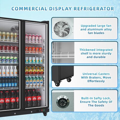 27.1 Cu.ft Commercial Cooler Merchandiser Refrigerator Energy-Efficient, Aluminum Frame, ETL, Full Glass Door Display Refrigerator, Blue White LED, Quiet, Reach-in Beverage Cooler for Restaurants,Shop in Saudi Arabia