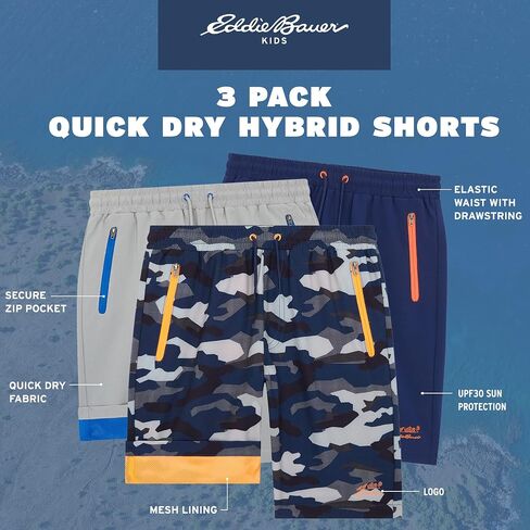 Eddie Bauer Boys' Active Shorts - 3 Pack Quick Dry Athletic Shorts - Hybrid Mesh Performance Shorts for Boys (4-16) in Saudi Arabia