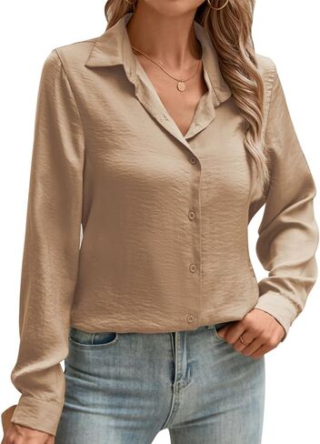قمصان COUXILY من الساتان بأزرار سفلية للسيدات، بلوزات حريرية كاجوال بأكمام طويلة، قمصان نسائية، قمصان عمل in Kuwait