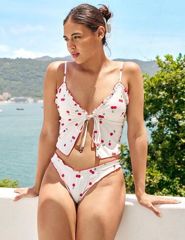 Seamoly المرأة Tankini مجموعات التعادل الجبهة كشكش مجموعة البكيني عالية قطع ثونغ قطعتين ملابس السباحة الأزهار القماش القطني ثوب السباحة in Kuwait