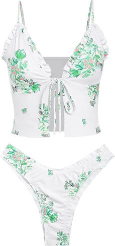 Seamoly المرأة Tankini مجموعات التعادل الجبهة كشكش مجموعة البكيني عالية قطع ثونغ قطعتين ملابس السباحة الأزهار القماش القطني ثوب السباحة in Kuwait
