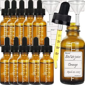 HUIZHU 12pcs 30ml Glass dropper Dropper Perfume bottle with non-childproof caps measure scale and strong suction Nozzle bottle with funnel and tags (Brown Glass, 30ml x 12pcs)