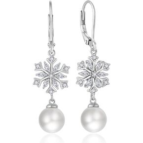 Snowflake Pearl Dangle Drop Earrings for Women 925 Sterling Silver 5A Cubic Zirconia Birthstone Hypoallergenic Leveback Earrings Jewelry Winter Christmas Birthday Gifts for Her