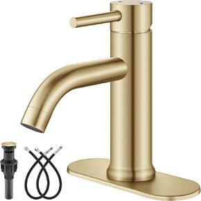 Aolemi Bathroom Faucet Single Hole,Single Handle Bathroom Sink Faucet with Supply Lines,with Pop Up Drain Assembly and 6 Inch Deck Plate,Brushed Gold