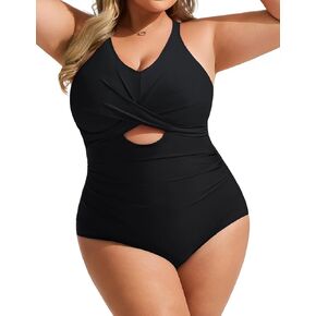 Hanna Nikole Women Plus Size One Piece Swimsuit Tummy Control Cutout Twist Front Bathing Suit Swim Swimwear Black 24w