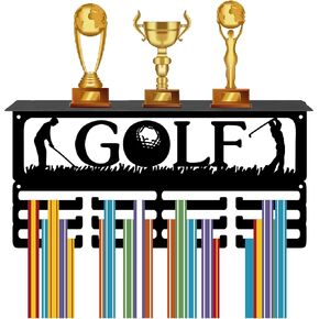 CREATCABIN Golf Medal Hanger Display Trophy Shelf Medal Holder with Shelf Stand Sports 4 Rows Metal Hanging Wall Mount Frame Hold 70+ Medals for Dance Competition Ribbon Medals Rack 15.7x7.9Inch