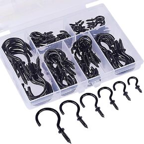 75 Pcs 6 Sizes Black Metal Cup Hooks Screw in Hanger Hooks Heavy Duty Ceiling Screw Hooks Cabinet Mug Hanging Hooks Plant Hanger Wall Hooks with Storage Box