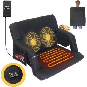 Heated Massage Stadium Seat, 3 Level Heating and Massage 25 Inch Bleacher Chair, Portable Folding Seat with 10,000 mAh Mobile Power Supply for Indoor Stadiums and Baseball Stadiums