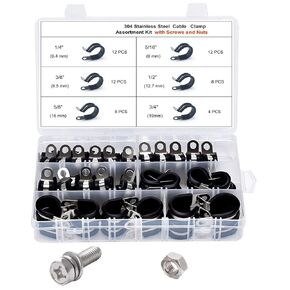 168PCS 304 Stainless Steel Cable Clamps Assortment Kit,Tube Clamps Rubber Cushioned Insulated Clamp Metal Clamp Fix Clamps for Tube Pipe or Wire Installation(with Screws and Nuts)