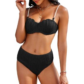 High Waisted Bikini Sets for Women 2 Piece Underwire Swimsuits Tummy Control Bathing Suit Bandeau Teen Girl