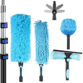 Telescopic Duster 20 Feet High Reach Duster Kit with 3.6-12ft Extension Pole, Cobweb Duster with Telescoping Pole, Window Squeegee with Scrubber, Spider Web Brush, High Ceiling Fan Duster for Cleaning