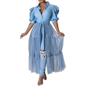 Choichic Women' Button Down Shirts High Waist Short Sleeve Sheer Mesh Patchwork Maxi Dress Long Shirts Tunics with Belt in Kuwait