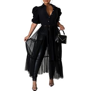 Choichic Women' Button Down Shirts High Waist Short Sleeve Sheer Mesh Patchwork Maxi Dress Long Shirts Tunics with Belt
