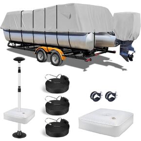 1200D Pontoon Cover Heavy Duty Pontoon Boat Covers Waterproof Pontoon Cover with Poles Pontoon Boat Cover with Motor Cover,Grey 25-28ft