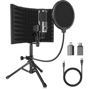 Studio Recording Microphone Isolation Shield with Pop Filter and Metal Tripod Stand USB Condenser Mic to PC Laptop Smartphone, Mic for Recording Singing Podcasting