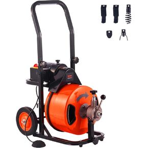 VEVOR Drain Cleaner Machine 75FT x 1/2Inch, Auto Feed Sewer Snake Auger with 4 Cutter & Air-activated Foot Switch for 1" to 4" Pipes, Orange, Black