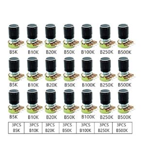 21Pcs[7 Values x 3pcs] B5K B10K B20K B50K B100K B250K B500K Rotary Potentiometer Linear Potentiometer Kit 3 Terminals 20mm Shaft with Nuts, Washers and Aluminum Alloy knobs