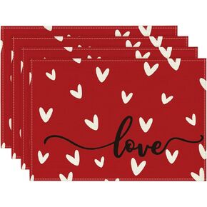 Artoid Mode Red Love Valentine's Day Placemats Set of 4, 12x18 Inch Seasonal Anniversary Holiday Table Mats for Party Kitchen Dining Decoration