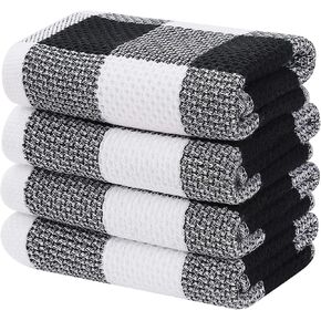 Homaxy 100% Cotton Waffle Weave Check Plaid Kitchen Towels, 13 x 28 Inches, Super Soft and Absorbent Dish Towels for Drying Dishes, 4-Pack, White & Black