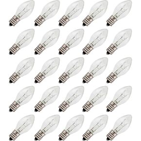 Creative Hobbies 7 Watt, C7 Night Light, 40 Lumens, Long Life, Clear, E12 Candelabra Base, C7 Replacement Bulbs, Incandescent Light Bulb | 25 Pack