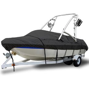 100% Waterproof Ski & Wakeboard Tower Boat Cover, Fade and Tear Resistant Trailerable Boat Cover Fits V-Hull Runabout with Ski/Wakeboard Towers, Black 20'-22'L, Beam Width to 106" W