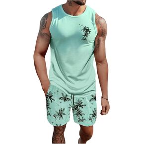 Men's 2 Piece Outfits Hawaiian Tropical Sleeveless Tank Top and Drawstring Waist Track Shorts Set
