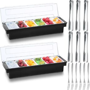 2 Ice Cooled Garnish Tray Deck Bar Garnish Caddy Condiment Containers with Lids and Removable Chilled Condiment Server with 6 Tongs and 6 Fruit Forks (6 Compartments)