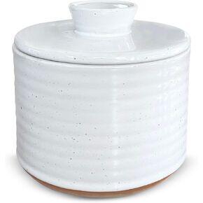Butter Crock for Counter with Water - White Glaze French Butter Dish - Spreadable Butter Keepers to Leave on Counter - Ceramic French Butter Keeper-Dishwasher Safe Butter Crock with Lid for Countertop