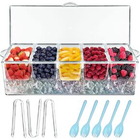 INNOVATIVE LIFE Bar Serving Tray on Ice with 5 Compartments Container, Fruit Trays for Serving , Garnish Platters with Lid , Clear