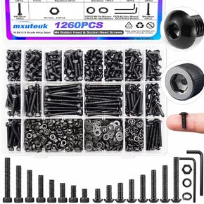 mxuteuk 1260PCS M4 Screws kit,M4x6mm-40mm Metric Screws Bolts Washers Nuts Kit,Hex Socket Button & Cap Head M4 Screws,12.9 & 10.9 Grade Alloy Steel M4 Bolts with 2 Hex Wrench