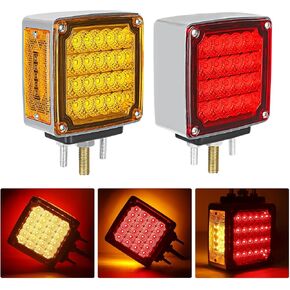 2Pcs Amber/Red Double Face Square LED Pedestal Lights 60 LED Fender Stop Turn Signal Tail Brake Lights LED Side Marker Lights for Semi Truck Trailers Peterbilt Kenworth Freightliner