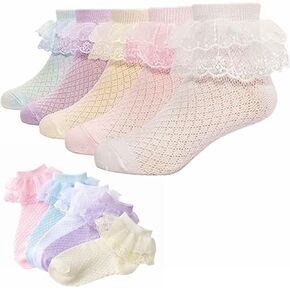 Toddler Girls Lace Ruffle Socks Baby Girl Cozy Soft Cotton Frilly Socks Cute Princess Style Dress Socks 6 pairs