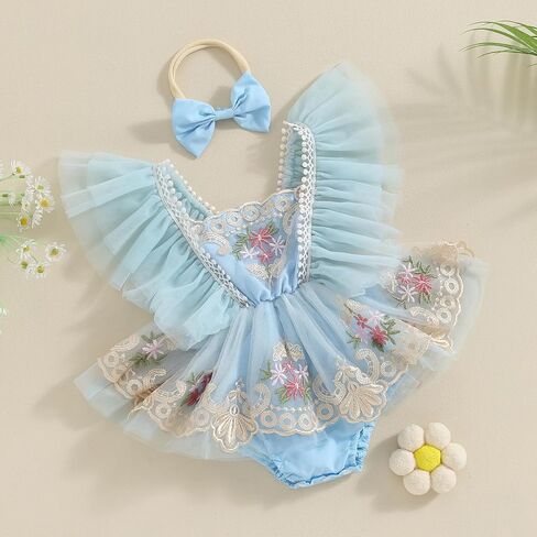 Newborn Baby Girls Rompers Flower Embroidery Mesh Tulle Dress with Headband Infant Summer Outfits (Flower Embroidery Purple, 9-12 Months) in Kuwait