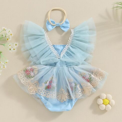 Newborn Baby Girls Rompers Flower Embroidery Mesh Tulle Dress with Headband Infant Summer Outfits (Flower Embroidery Purple, 9-12 Months) in Kuwait