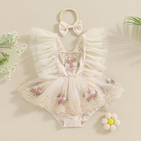 Newborn Baby Girls Rompers Flower Embroidery Mesh Tulle Dress with Headband Infant Summer Outfits (Flower Embroidery Purple, 9-12 Months) in Kuwait