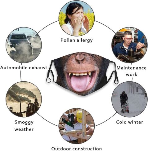 Funny Animal Laughing Chimpanzee Monkey Face Mask Fashion Adjustable & Reusable Ear-Loops Fabric Balaclava Bandana with 2pcs Filters for Men Women Teens, One Size in Saudi Arabia