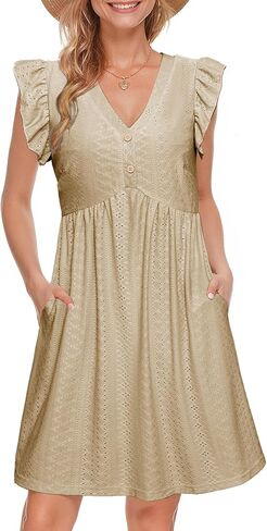 Simplee Womens Summer Short Sundress Casual Ruffle Sleeve Mini Dress 2025 Boho Beach Wedding Guest Eyelet Dresses with Pocket in Kuwait