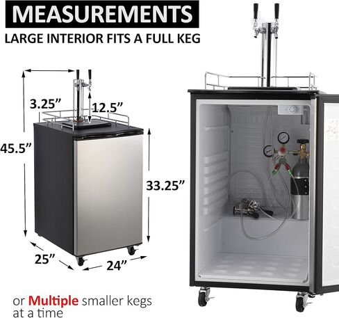 6.1 CF 170L موزع بيرة مزدوج الصنبور مع أرفف وصينية تنقيط وسكة حديدية، ثلاجة كاملة الحجم من الفولاذ المقاوم للصدأ وثلاجة برميل، 32 درجة فهرنهايت - 50 درجة فهرنهايت للتحكم في درجة الحرارة in Kuwait
