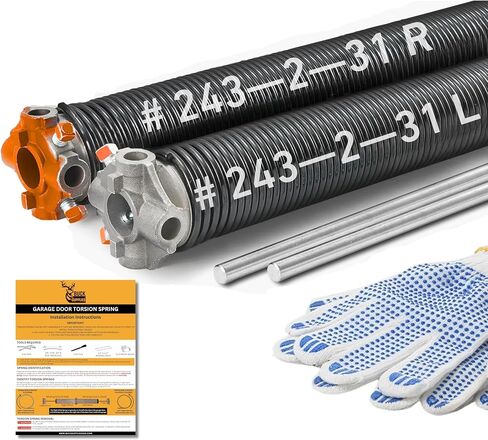 Buck Pair of 2" Heavy Duty Garage Door Torsion Springs Set with Non-Slip Winding Bar & Gloves - High Precision Replacement with Electrophoresis Black Coating, Minimum 20,000 Cycles (0.243x2''x33'') in Kuwait