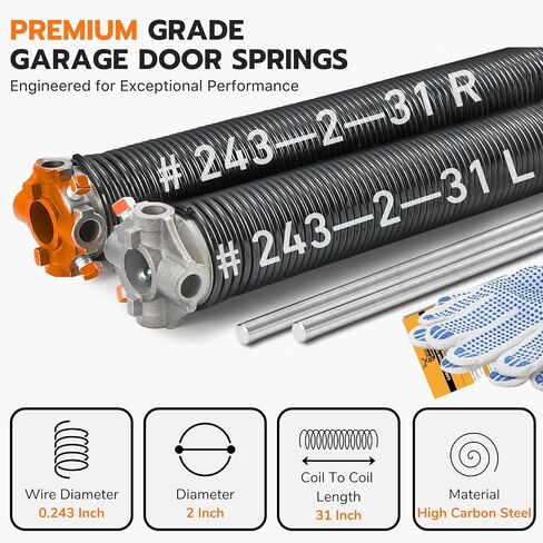 Buck Pair of 2" Heavy Duty Garage Door Torsion Springs Set with Non-Slip Winding Bar & Gloves - High Precision Replacement with Electrophoresis Black Coating, Minimum 20,000 Cycles (0.243x2''x33'') in Kuwait