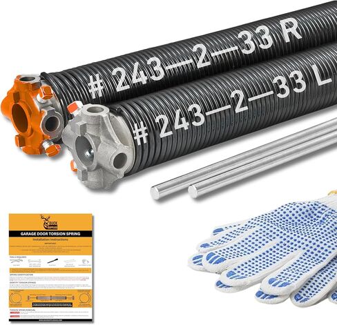 Buck Pair of 2" Heavy Duty Garage Door Torsion Springs Set with Non-Slip Winding Bar & Gloves - High Precision Replacement with Electrophoresis Black Coating, Minimum 20,000 Cycles (0.243x2''x33'') in Kuwait