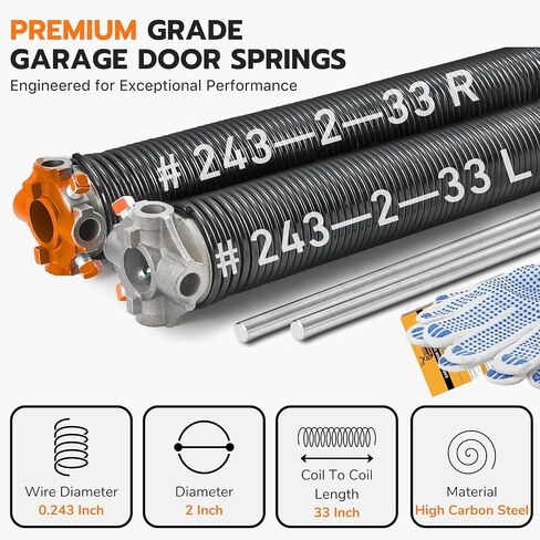 Buck Pair of 2" Heavy Duty Garage Door Torsion Springs Set with Non-Slip Winding Bar & Gloves - High Precision Replacement with Electrophoresis Black Coating, Minimum 20,000 Cycles (0.243x2''x33'') in Kuwait