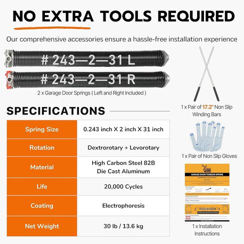Buck Pair of 2" Heavy Duty Garage Door Torsion Springs Set with Non-Slip Winding Bar & Gloves - High Precision Replacement with Electrophoresis Black Coating, Minimum 20,000 Cycles (0.243x2''x33'') in Kuwait