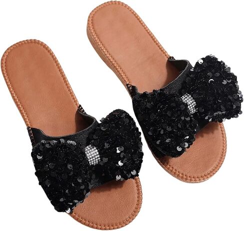 GORGLITTER Bow Sandals Sequin Glitter Flat Sandals Open Toe Slip On Slides Shoes in Saudi Arabia