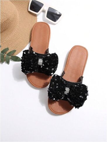 GORGLITTER Bow Sandals Sequin Glitter Flat Sandals Open Toe Slip On Slides Shoes in Saudi Arabia