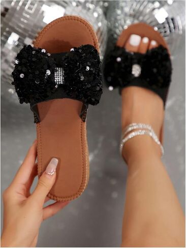 GORGLITTER Bow Sandals Sequin Glitter Flat Sandals Open Toe Slip On Slides Shoes in Saudi Arabia