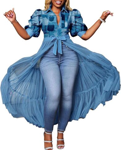 Choichic Women' Button Down Shirts High Waist Short Sleeve Sheer Mesh Patchwork Maxi Dress Long Shirts Tunics with Belt in Saudi Arabia