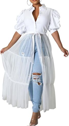 Choichic Women' Button Down Shirts High Waist Short Sleeve Sheer Mesh Patchwork Maxi Dress Long Shirts Tunics with Belt in Saudi Arabia